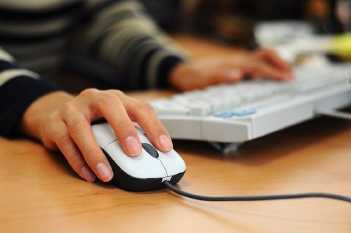 Person using a computer mouse and keyboard